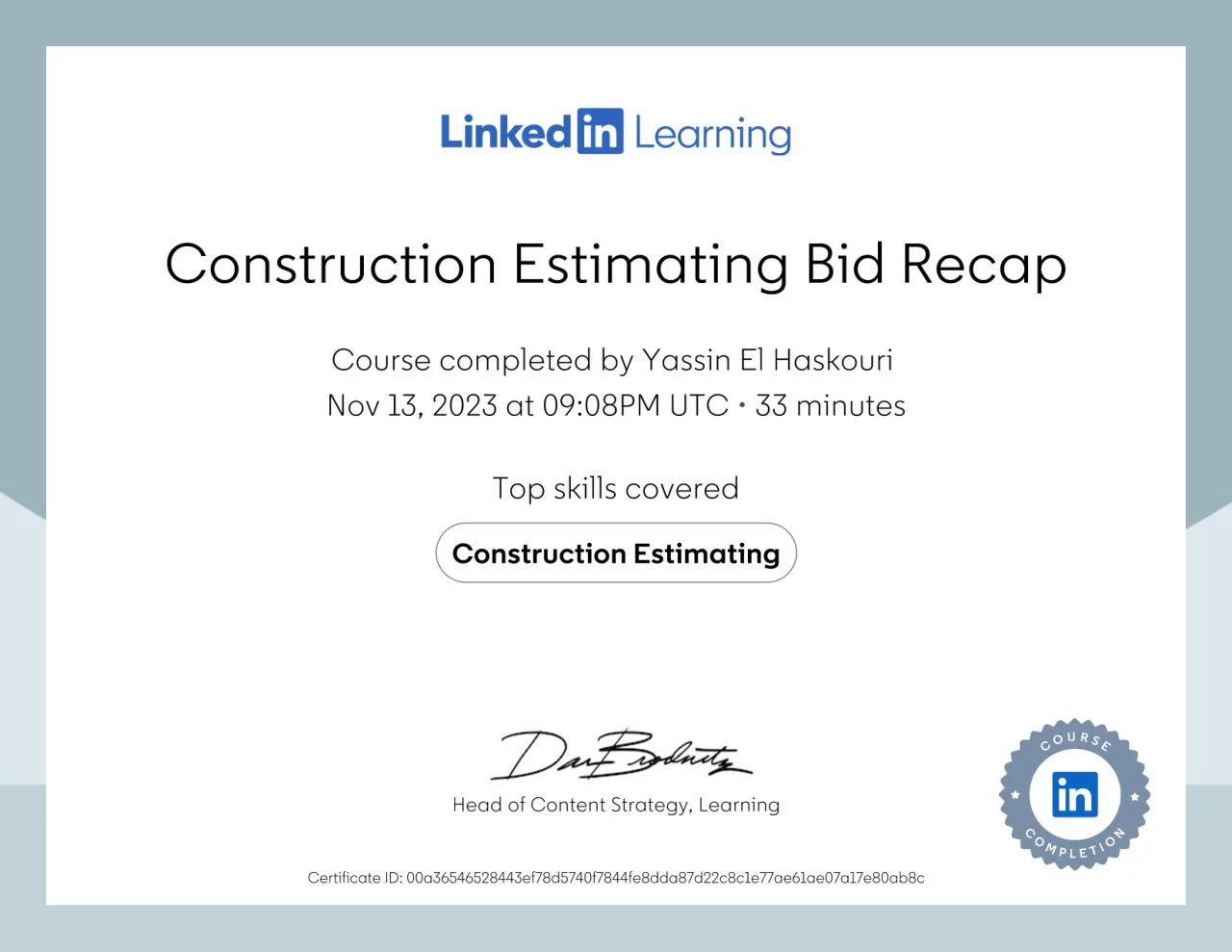 Certificat Construction Estimating: Bid Recap.