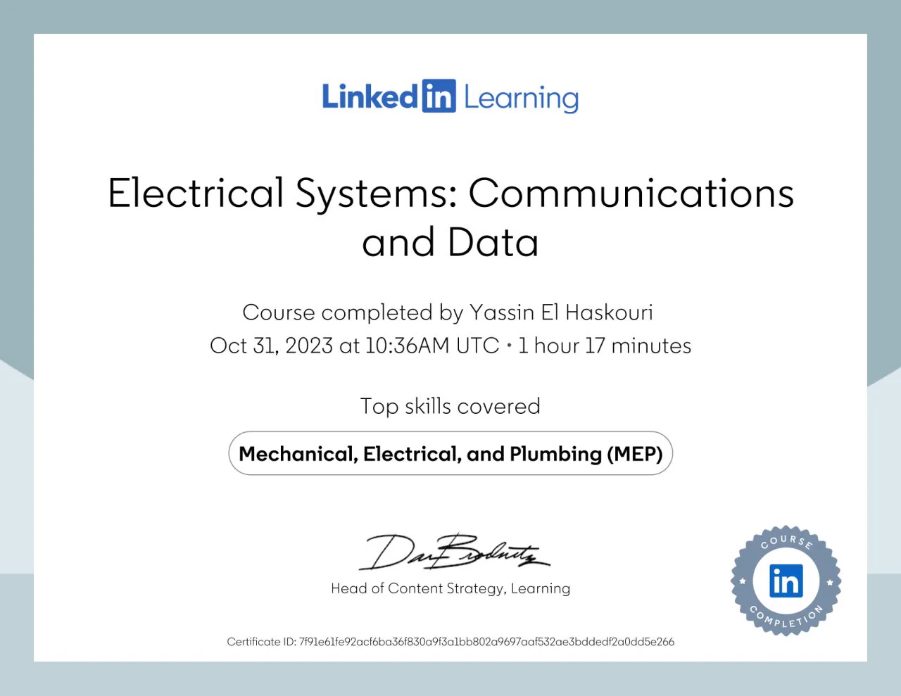 Certificat Electrical Systems: Communications and Data.