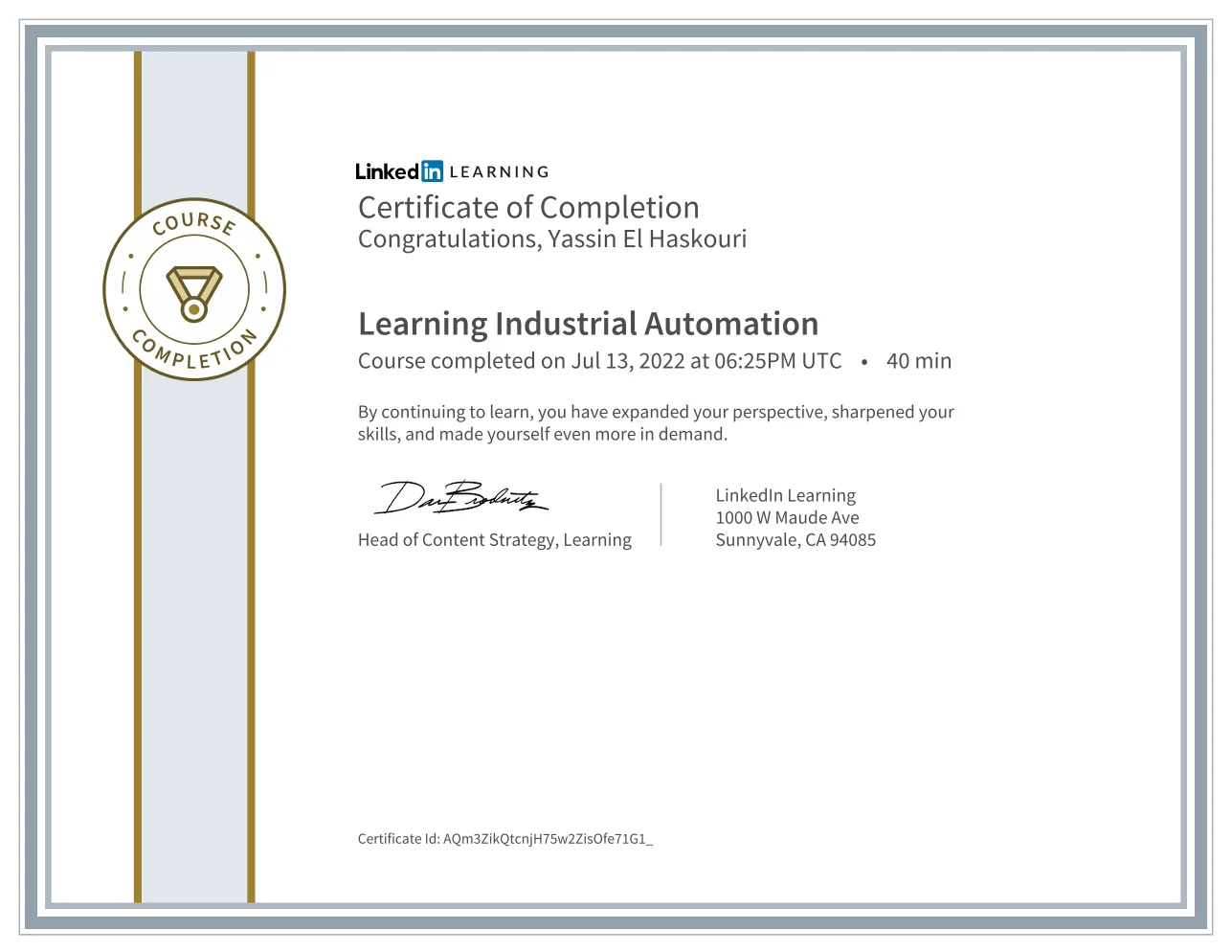 Certificat Learning Industrial Automation.