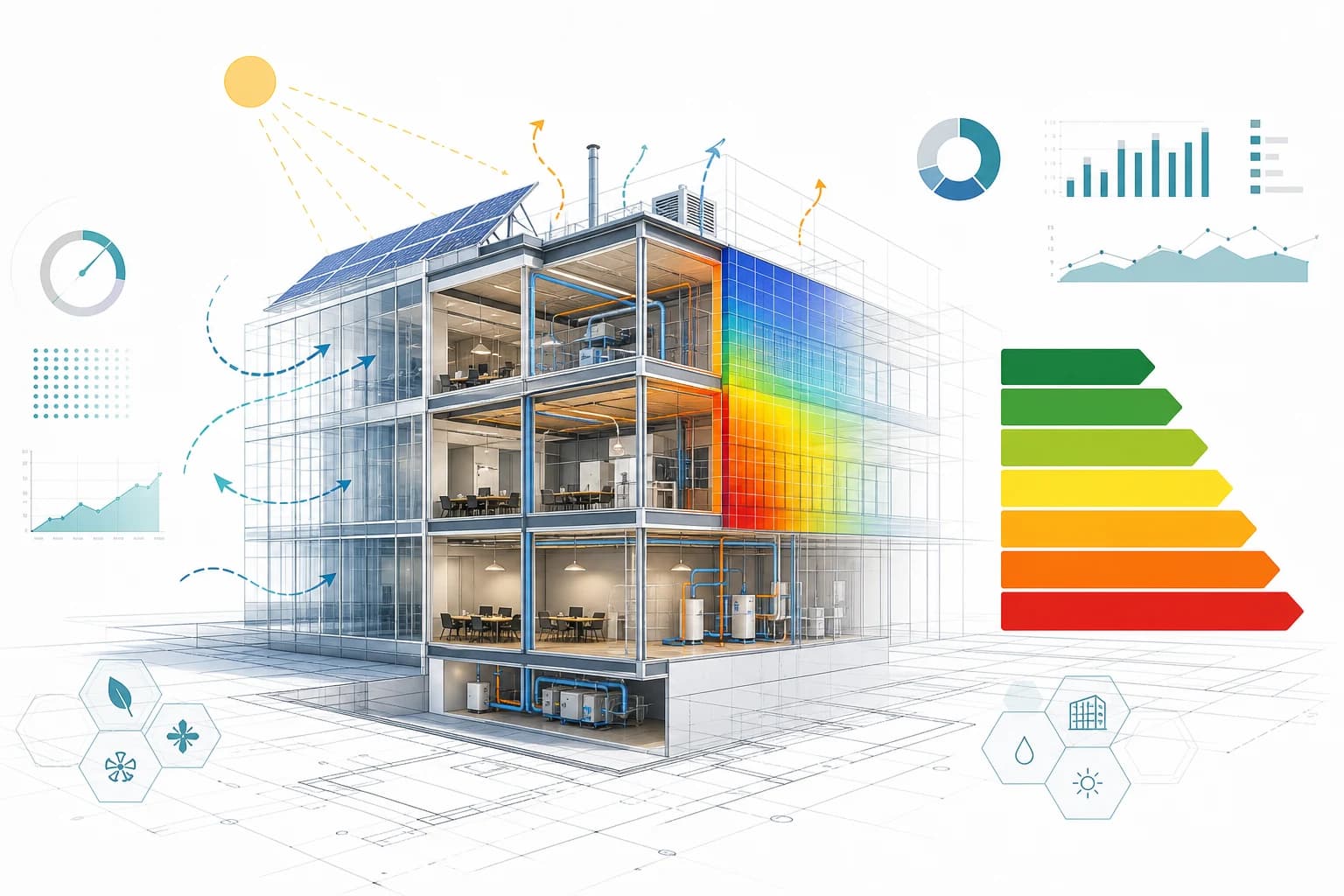Illustration d'analyse énergétique avec bâtiment, graphiques et étiquette de performance.